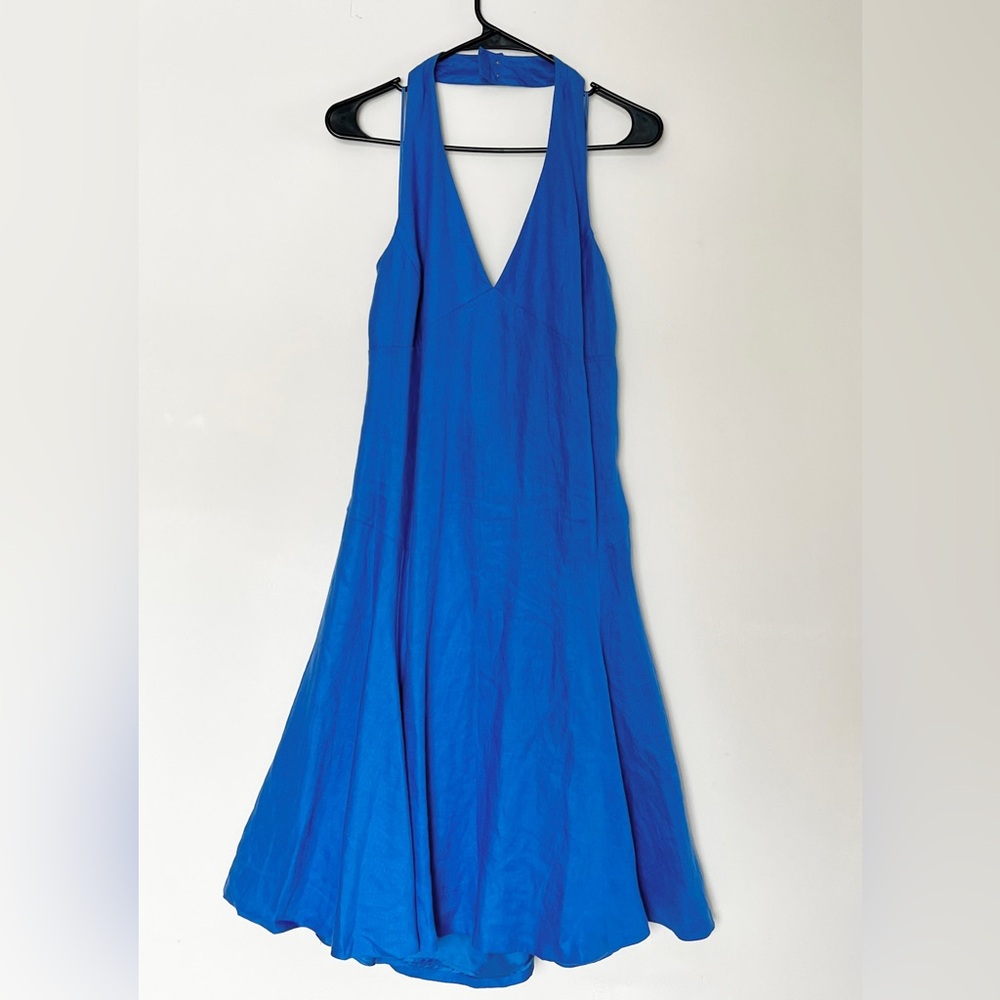 LAUREN RALPH LAUREN 100% Linen Halter V-neck Flare Hem Blue Dress NWT